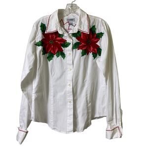 Arizona White Long Sleeve‎ Button Front Top Poinsettias Sz L (2536)
